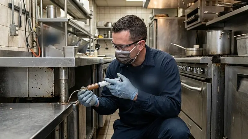 Técnico aplicando gel cebo contra cucarachas en una cocina