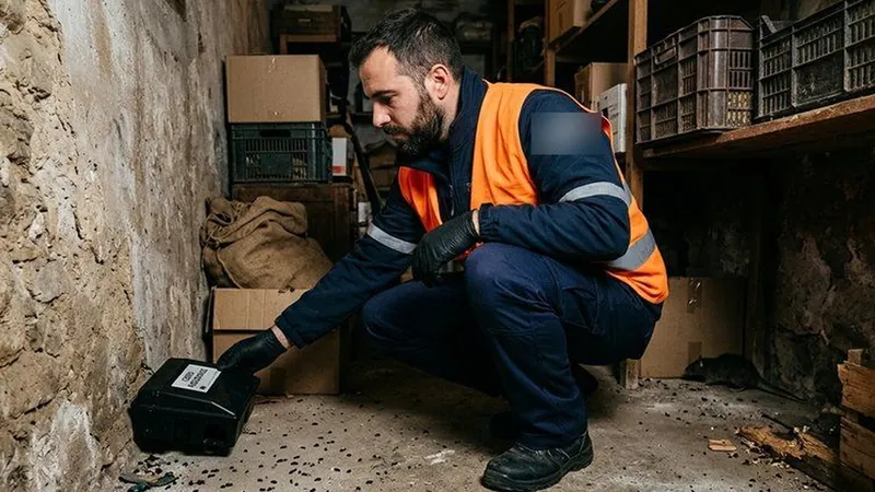Técnico colocando un portacebos de seguridad en un almacén