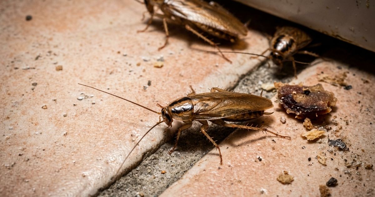 Cucarachas en la junta del suelo de una cocina