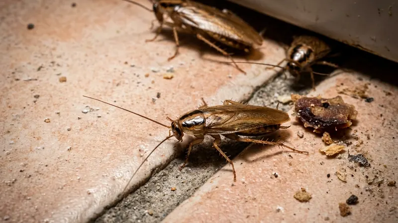 Cucarachas en la junta del suelo de una cocina
