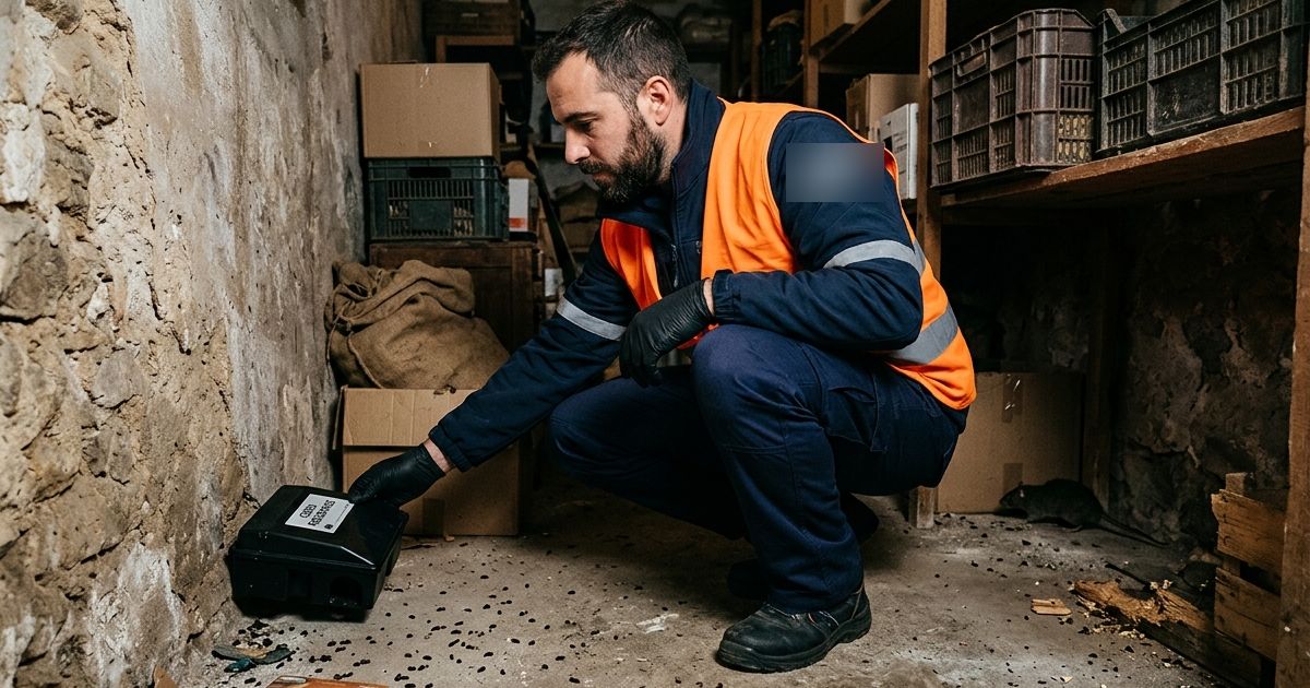 Técnico colocando una estación portacebos en un almacén