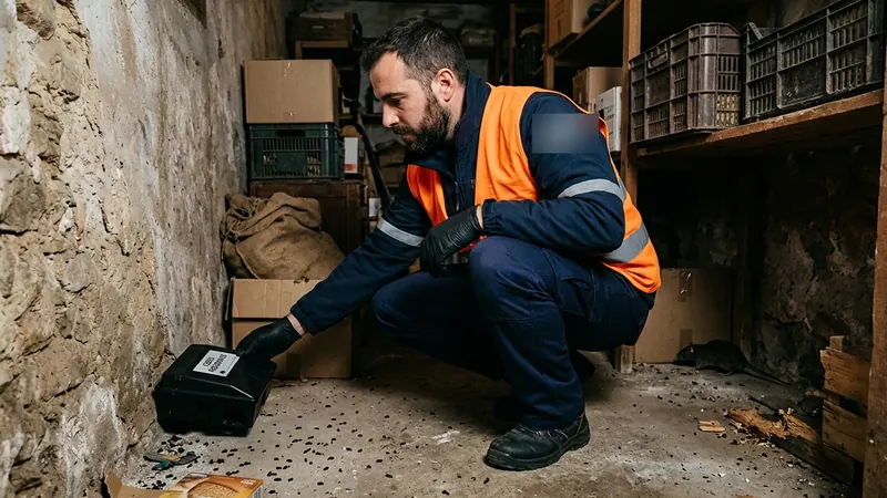 Técnico colocando una estación portacebos en un almacén