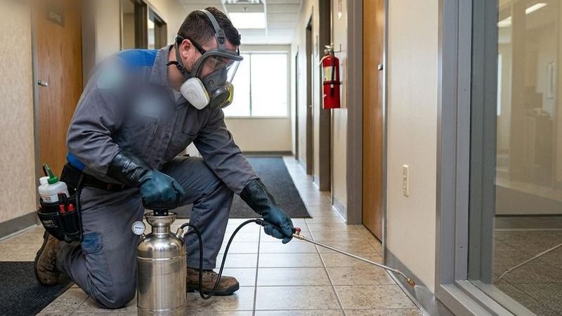 Técnico con mascarilla tratando el pasillo de un edificio contra mosquitos