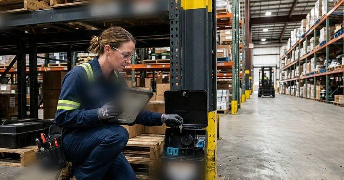 Técnica revisando un almacén de mercancía paletizada en busca de plagas