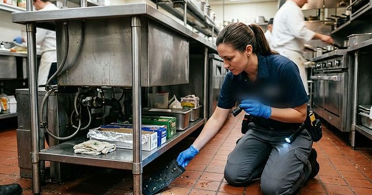 Técnica revisando con linterna los bajos de una cocina de hostelería