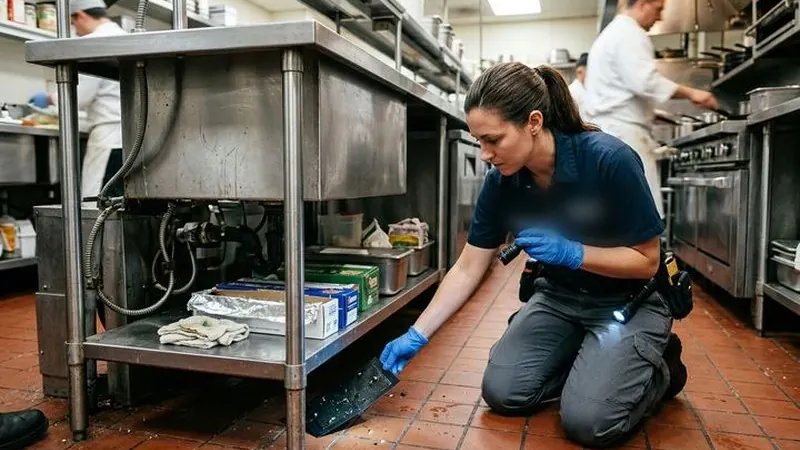 Técnica revisando con linterna los bajos de una cocina de hostelería