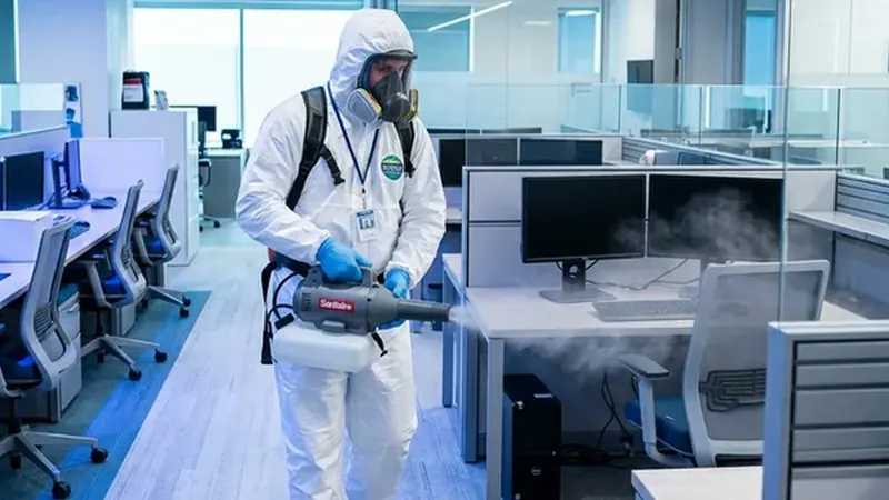 Dos técnicos con buzo integral aplicando tratamiento por nebulización