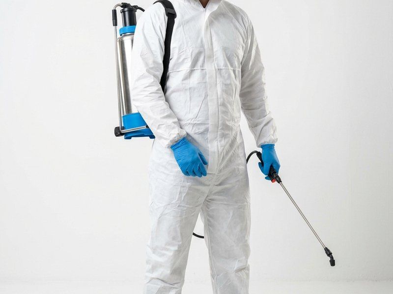 Técnico con buzo desechable, máscara completa, guantes de nitrilo y pulverizador de mochila