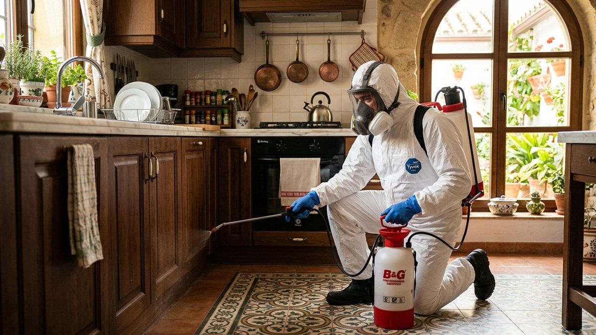 Técnico con buzo de protección y máscara aplicando insecticida en el zócalo de una cocina