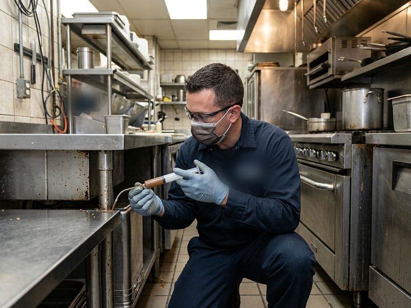 Técnico aplicando gel cebo con jeringa en una cocina industrial