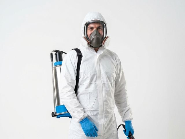 Técnico con buzo desechable, máscara completa y pulverizador de mochila, el EPI para manipular guano