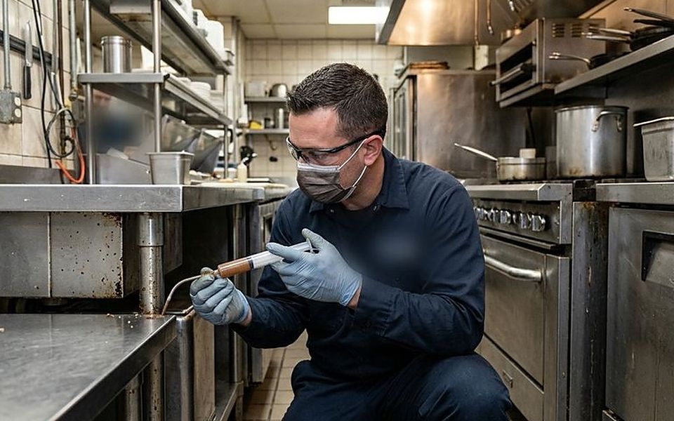 Técnico aplicando gel cebo con jeringa en la cocina industrial de un restaurante
