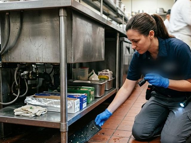 Técnica revisando con linterna los bajos de una mesa de acero en la cocina