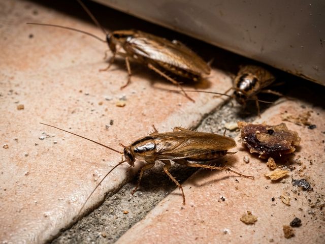 Cucarachas en la junta del suelo, plaga habitual en viviendas con acumulación