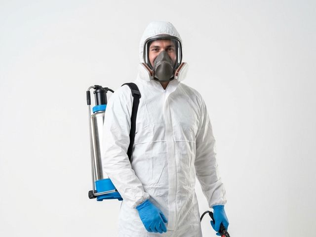 Técnico con buzo, máscara completa y equipo de mochila para nebulización