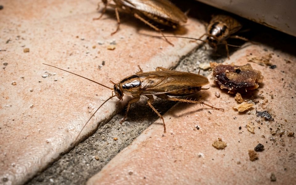 Cucarachas en la junta entre el suelo y la pared de una cocina