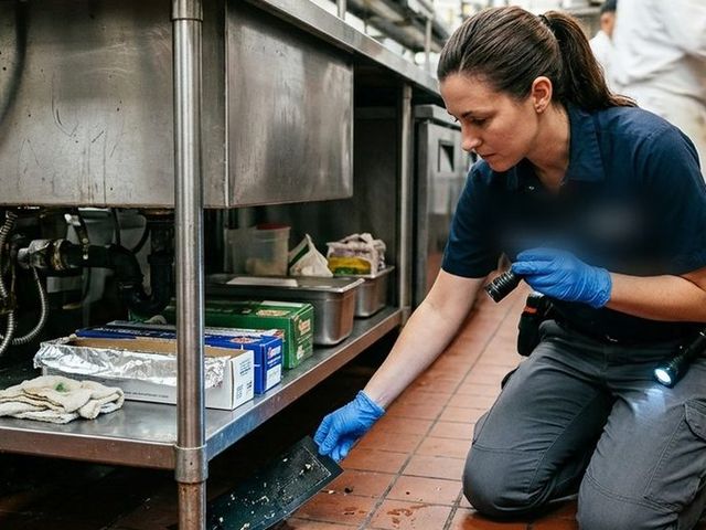Técnica revisando con linterna bajo el mobiliario de acero de una cocina