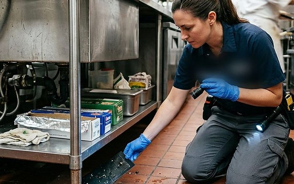 Técnica revisando con linterna los bajos y desagües de una cocina industrial