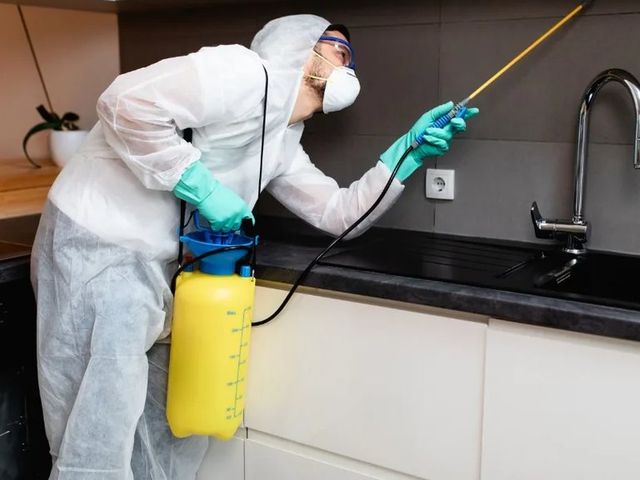 Técnico con buzo y mascarilla tratando la zona del fregadero