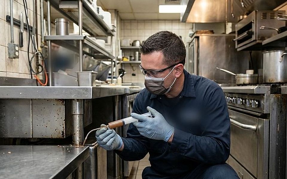 Técnico trabajando en una cocina industrial, donde estudiamos la ubicación de cada equipo