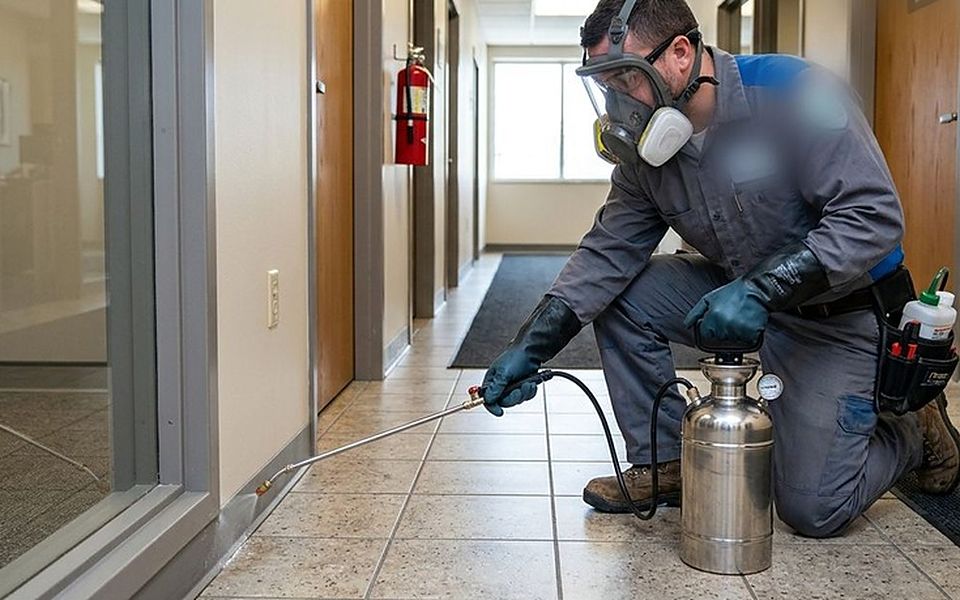 Técnico con EPI nebulizando sobre la vegetación donde reposa el mosquito adulto