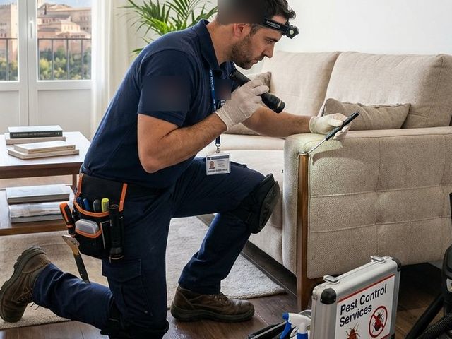 Técnico inspeccionando un sofá con linterna junto a su maletín de trabajo