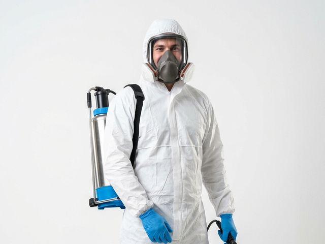 Técnico con buzo y máscara completa, protección necesaria ante aerosoles