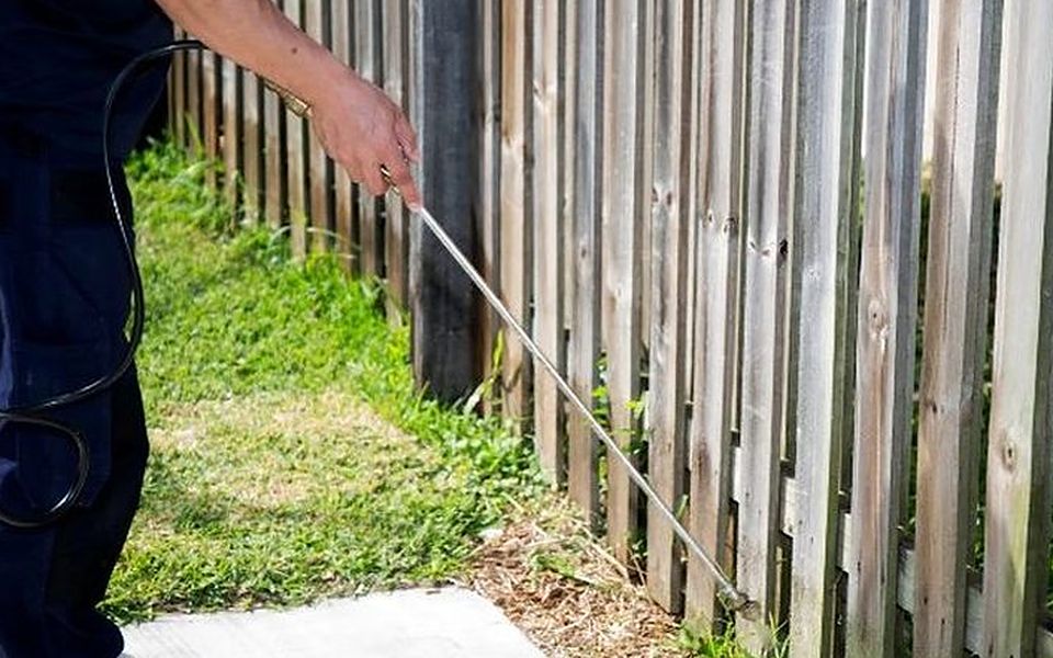Tratamiento con lanza en la vegetación y la valla de un jardín privado