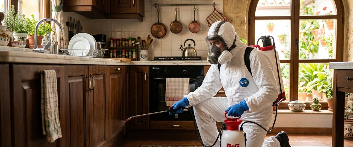 Técnico con equipo de protección aplicando un tratamiento en una vivienda de Córdoba