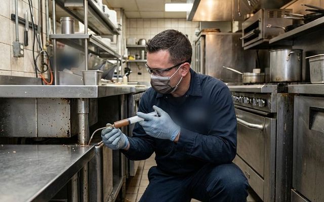Técnico aplicando gel cebo contra cucarachas en una cocina