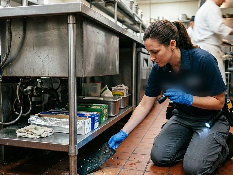 Técnica revisando con linterna los bajos de una cocina industrial antes de ubicar insectocutores en Córdoba
