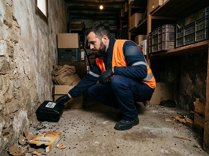 Técnico colocando una estación portacebos a ras de suelo en un almacén